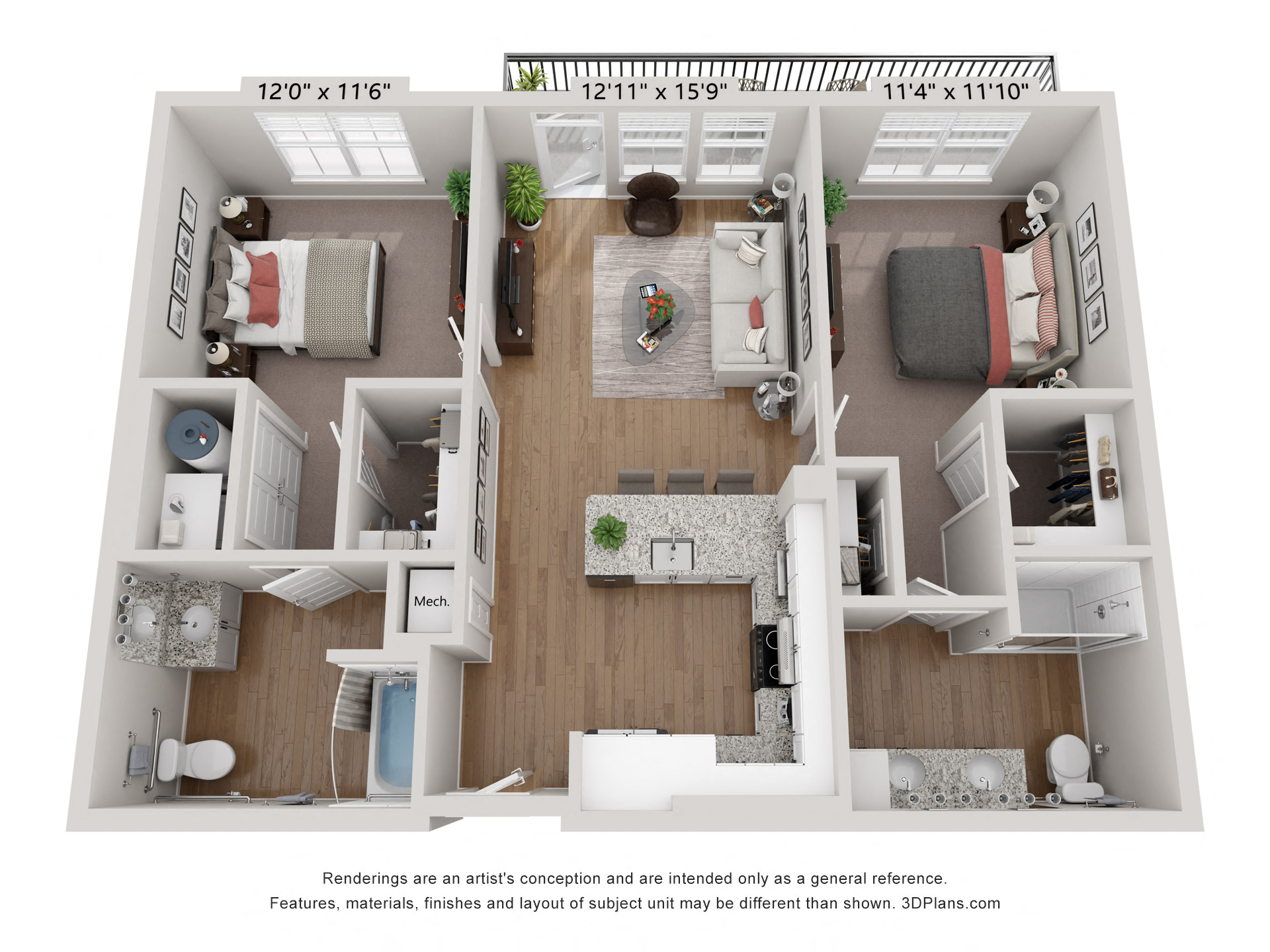 Floor plan for 2 beds, 2 baths, 993 sqft